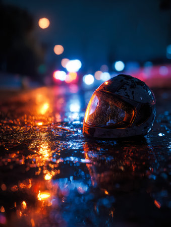 A sleek helmet with a mirror-like finish reflecting neon city lights, softly resting on a damp pavement, capturing a tranquil, moody urban nighttime scene.の写真素材