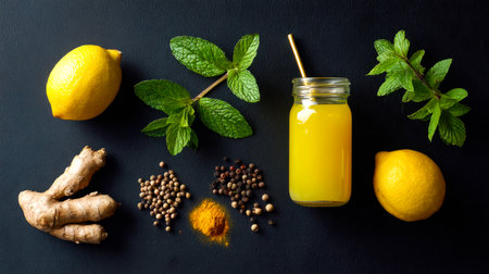 A vibrant, steaming elixir adorned with fresh herbs and fragrant spices, set against a dark backdrop that highlights its warm, inviting hue and handcrafted charm.の写真素材