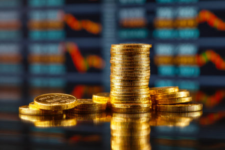 Gleaming gold coins arranged in towering piles evoke prosperity, strategic wealth accumulation, and rising financial achievements.の写真素材
