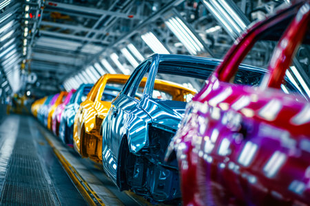 Brightly painted vehicle shells glide along a busy production track, showcasing vibrant craftsmanship in a bustling factory environment.の写真素材