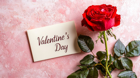 A vibrant crimson bloom paired with a heartfelt note, set against a soft pink textured backdrop perfect for celebrating love and affection.の写真素材