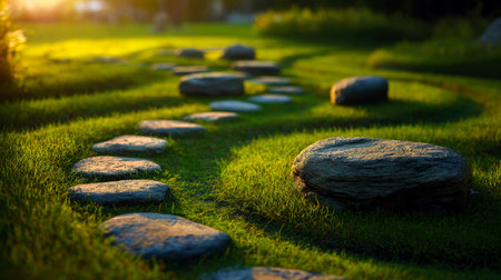 A tranquil trail of stones winds gently through vibrant, verdant grass under a clear sky, evoking...