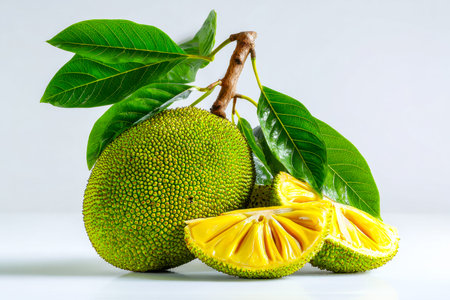 A ripe, tropical jackfruit displays its distinctive spiky exterior in vibrant green, revealing juicy...