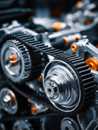 A detailed view of precision-engineered metallic gears and components, highlighting intricate craftsmanship and high-tech mechanisms essential for engine timing.の写真素材