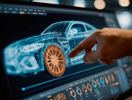 A sleek, innovative vehicle concept emerges on a high-tech monitor, illustrating cutting-edge design...