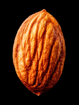 A detailed view of a rugged almond's surface reveals intricate patterns and a warm, earthy tone...