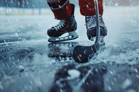 Close-up of ice hockey player practicing on stadium rink during training sessionの写真素材