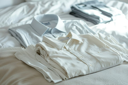 High quality photo of mens classic shirts on bed with white background, elegant clothing displayの写真素材