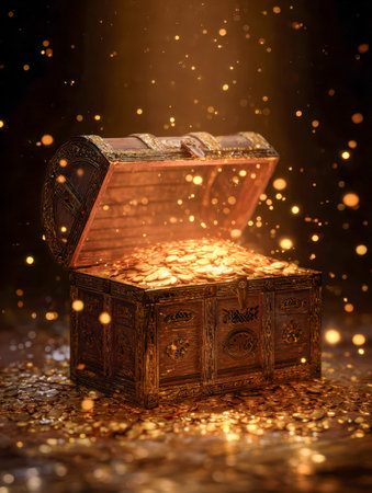 A richly decorated chest brimming with shimmering gold currency, bathed in enchanting luminescence that hints at ancient secrets and limitless riches.の写真素材