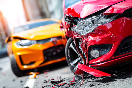 Wrecked crimson and golden racing vehicles lie amid scattered fragments, capturing the chaos and...