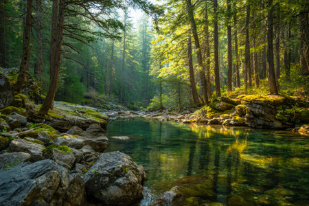 A tranquil woodland stream means through dense foliage, bathed in warm, dappled light that enhances...