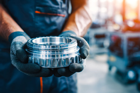A skilled technician carefully grips a finely crafted metal component, surrounded by a busy workshop...