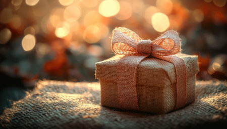 A charming holiday present featuring rustic burlap and a smooth satin bow, set against a textured...