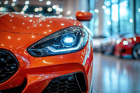A vibrant orange sports car's polished front end, featuring a streamlined headlamp design, set...