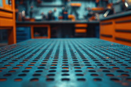 A detailed view of a metallic work surface with evenly spaced holes, set in a busy workshop with...