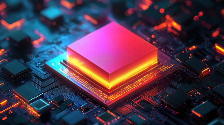 Detailed view of a sleek computer chip nestled among vibrant, illuminated circuit pathways,...