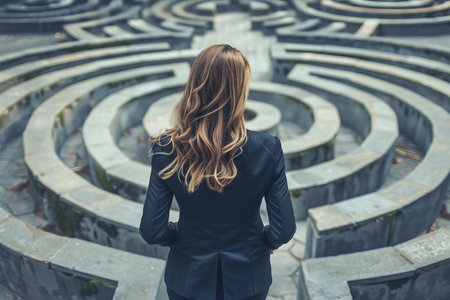 Businesswoman finding solutions in maze, problem-solving and decision-making concept