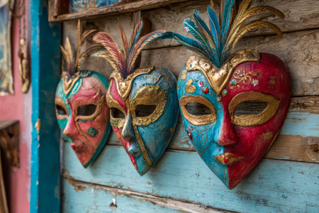 Vibrant masquerade masks with intricate designs and feather embellishments hang against a weathered wooden background, evoking a festive, historical ambiance ideal for culturaの写真素材