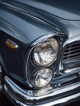 A close-up of an antique vehicle's luminous front fixture, highlighting polished chrome trim and...