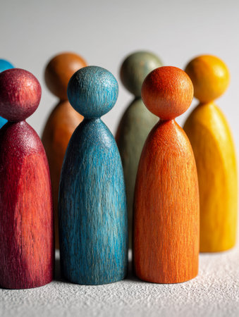 A vibrant array of handcrafted wooden figures aligned on a rough surface, capturing the spirit of...