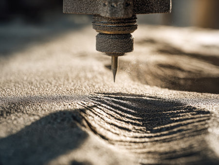 A detailed view captures a precise tool carving delicate, swirling designs into golden sand,...