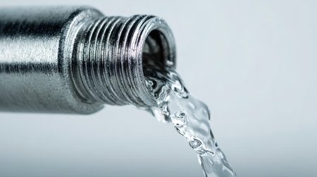 Bright, transparent water streams smoothly from a polished metal pipe with elegant spiral grooves, set against a gentle, luminous backdrop perfect for fluid studies.の写真素材