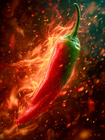 A fiery red and green chili bursts with energy, surrounded by lively flames and sparks, evoking bold...
