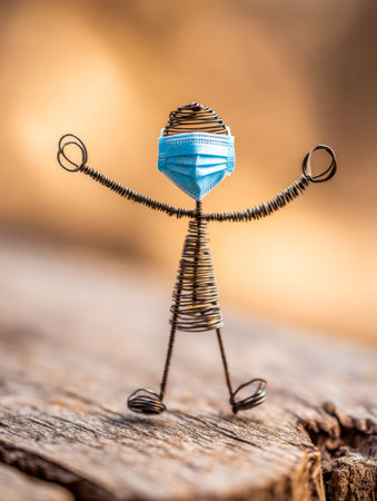 A whimsical wire sculpture with a broad smile, sporting sunglasses and a mask, relaxed on aged...