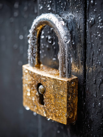 A detailed shot of a weathered brass lock glistening with moisture, suspended on a shiny dark...