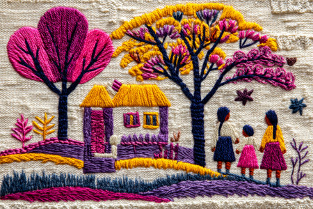 Vibrant hand-stitched rural landscape featuring lush trees, a cozy home, and three women strolling...