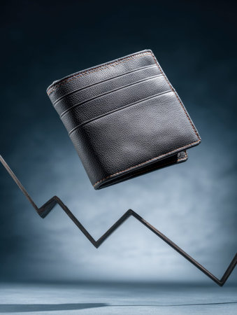 A declining trend line cascades downward besides an open leather wallet emptier than ever, capturing...