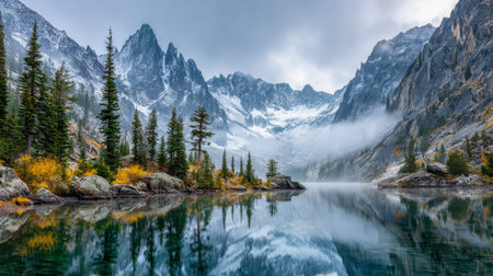 A tranquil lake cloaked in morning mist, framed by vibrant fall leaves and evergreens, mirroring...