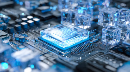 An intricate microprocessor with sleek, metallic design sits amid glowing circuitry, hinting at...