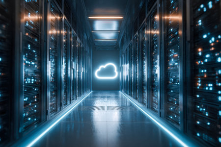 A sleek corridor of advanced servers illuminated by cool blue lighting, featuring a luminous cloud...