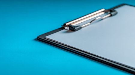 A sleek black clipboard presents pristine white paper atop a lively blue backdrop, with a gentle...