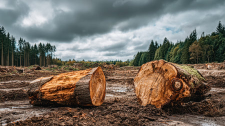 A forest clearing displays neatly arranged logs cut from nearby trees, with a moody sky overhead...