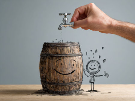 A hand gently directs a faucet?s steady flow into a cheerful, carved wooden container, accompanied by a lively sketch of a happy figure on a rustic wooden table.の写真素材