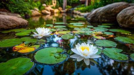 A peaceful scene featuring a calm pond adorned with vibrant water lilies in full bloom, framed by...