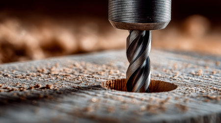 A detailed shot capturing a sharp drill bit piercing a wooden plank, releasing spiraled shavings...