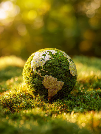 A sustainable globe artwork nestled among vibrant greenery, symbolizing worldwide efforts to protect...
