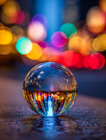 Luminous urbanscape mirrored in a crystal globe, capturing vibrant street and building lights...
