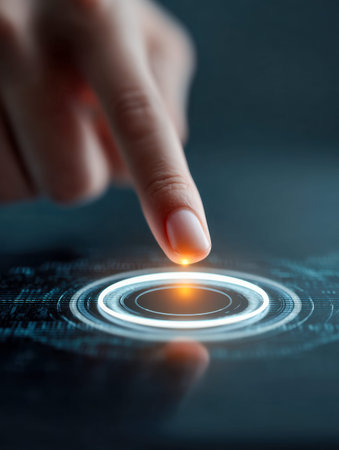 A person's fingertip hovers over a sleek, high-tech display, activating luminous rings and intricate...