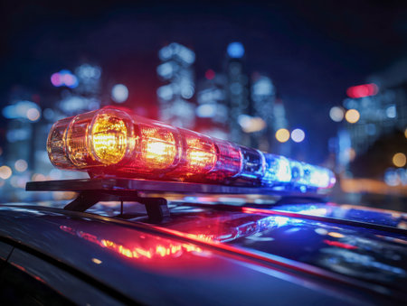Vibrant red and blue flashes illuminate the night, casting colorful reflections on a vehicle's roof,...
