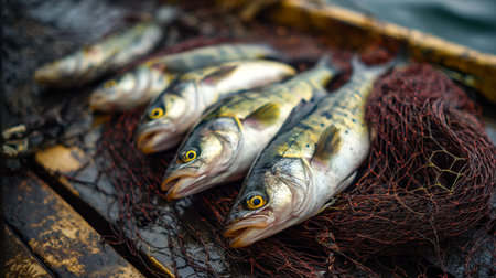 A vibrant display of glistening catch spread across a woven net, capturing the freshness and...