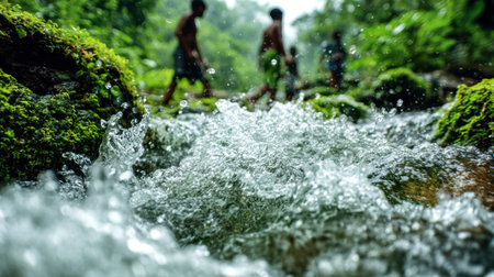 Cheerful youngsters splash and laugh as clear water flows over rocks amid vibrant leaves, capturing...