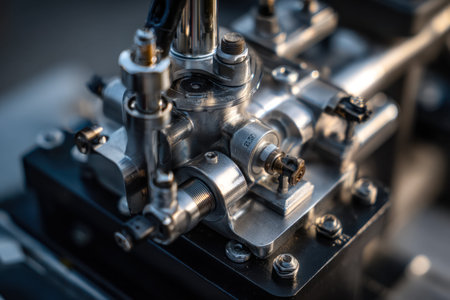 A highly detailed metal assembly showing complex fittings and slender tubing, designed for...