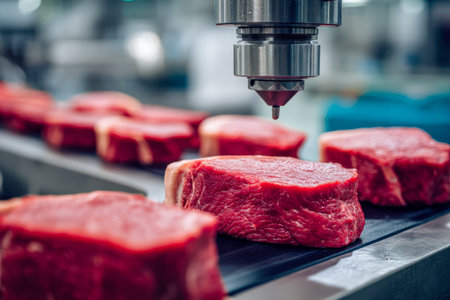 A detailed view of a modern food safety system as vibrant red cuts glide along a processing line,...