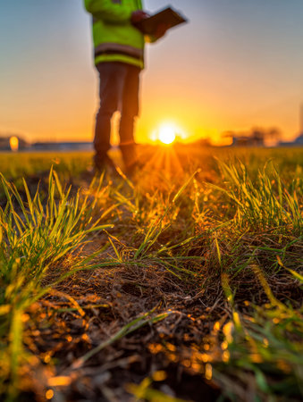 Lush, dewy grass blades bathed in warm sunset hues with a shadowy figure in the distance, evoking...