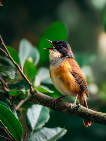 A vibrant, multi-hued songbird perches on a slender branch, surrounded by dense, verdant leaves that...