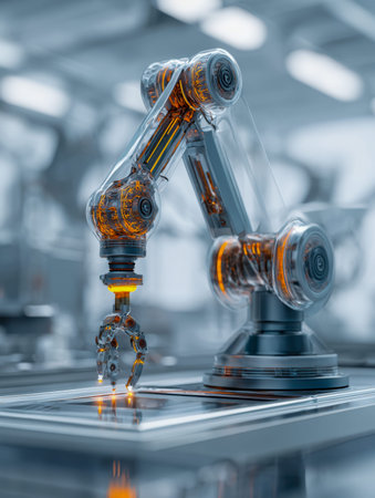 A sleek, see-through robotic limb with vibrant orange cores delicately manipulates complex equipment...